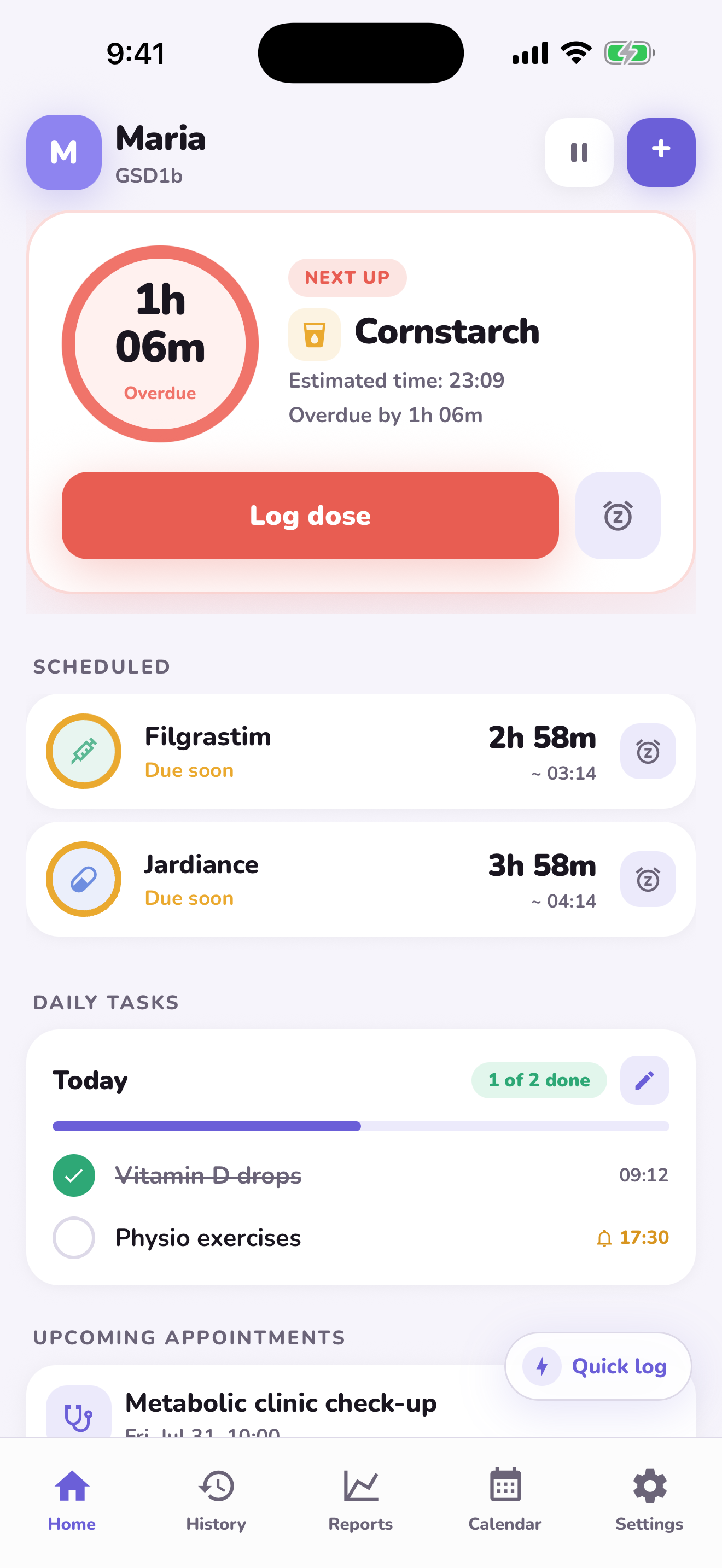 NextDose home screen with an overdue dose